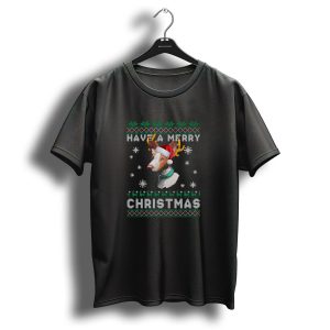 Have A Merry Christmas Ibizan Hound With Santa Hat And Reindeer Antlers Snowflakes T Shirt