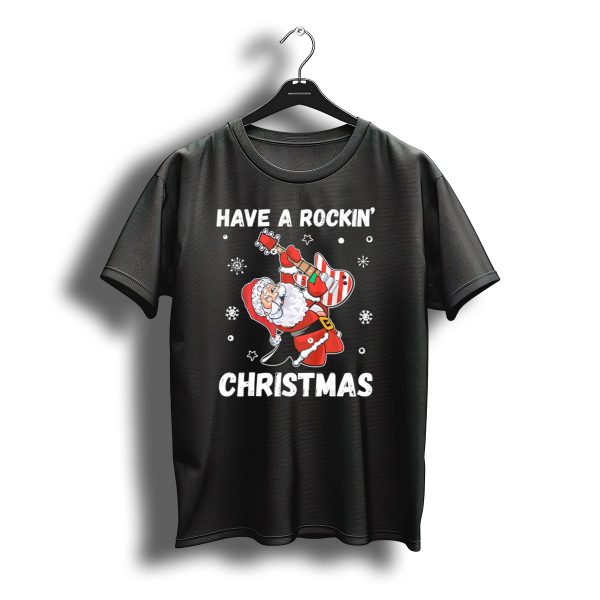 Have A Rockin Christmas Guitarist Santa With Festive Snowflakes And Stars T Shirt t shirt 1