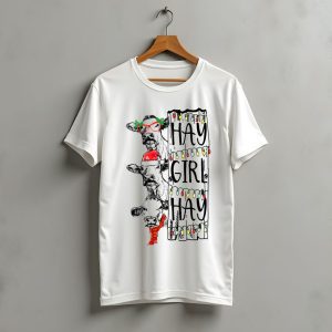 Hay Girl Hay Christmas Cow With Santa Hat And Lights T-Shirt