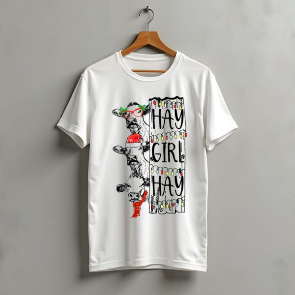 Hay Girl Hay Christmas Cow With Santa Hat And Lights T Shirt t shirt 1