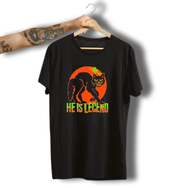 He Is Legend Spooky Cat Halloween Orange Moon Green Text T Shirt t shirt 1