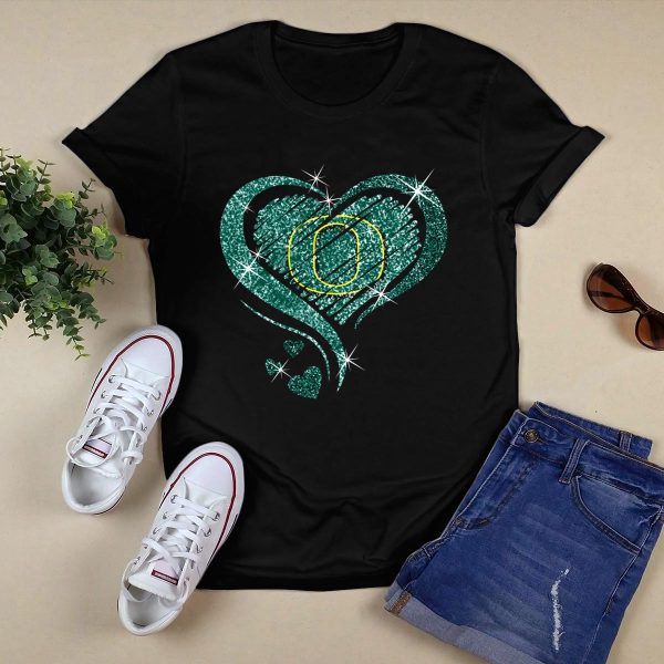 Heart Diamond Oregon Ducks Glitter Green Sparkle T Shirt 1