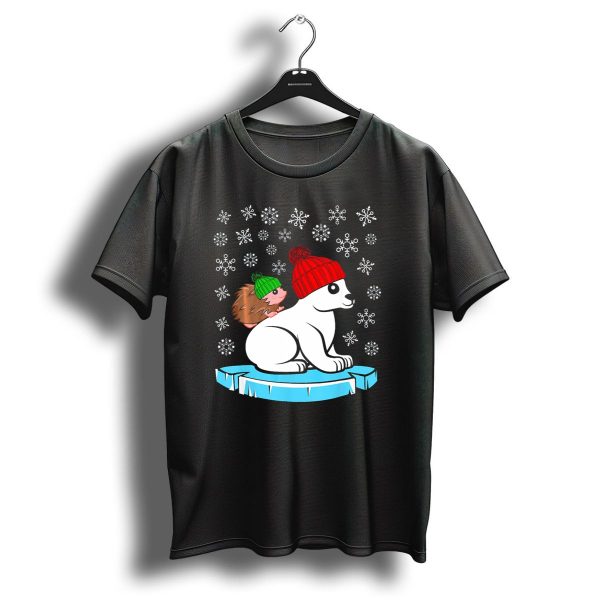 Hedgehog And Polar Bear In Christmas Hats With Snowflakes T Shirt 1 t shirt 1