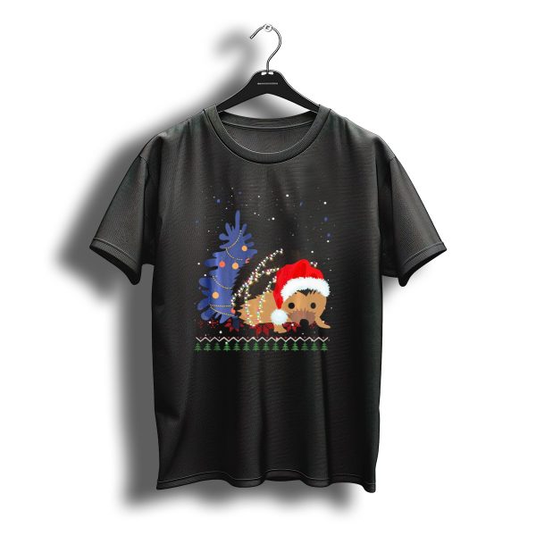 Hedgehog Christmas Tree Holiday Lights Santa Hat T Shirt t shirt 1