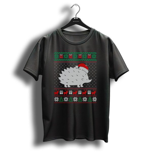 Hedgehog Wearing Santa Hat Ugly Christmas Sweater With Reindeer Presents Snowflakes T Shirt 1 t shirt 1