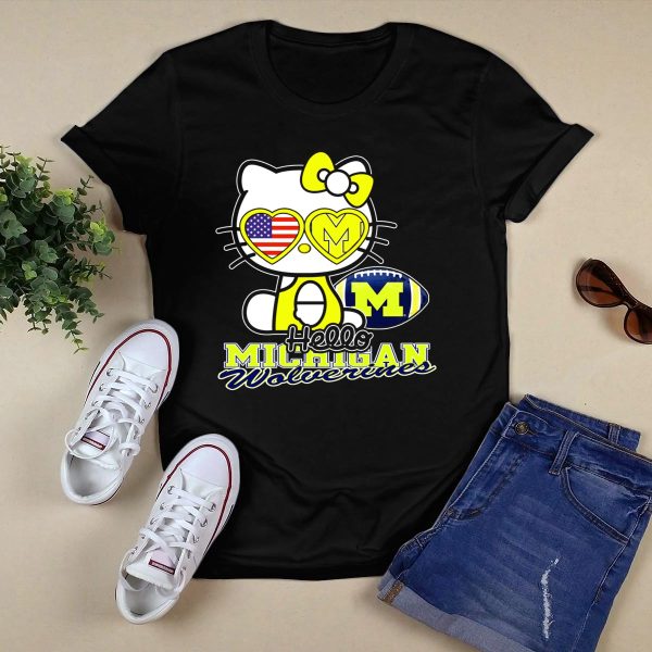 Hello Kitty Michigan Wolverines American Flag Football T Shirt Black 1