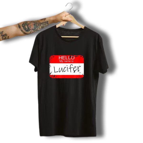 Hello My Name Is Lucifer Funny Devil Halloween Badge T Shirt t shirt 1