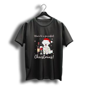 Here'S To A Purrrfect Christmas Funny Dog And Wine Santa T-Shirt