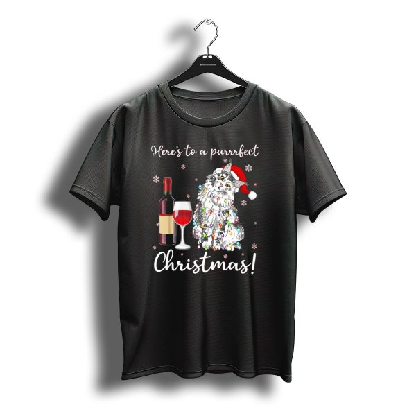 Heres To A Purrrfect Christmas Maine Coon Cat With Wine And Santa Hat T Shirt t shirt 1