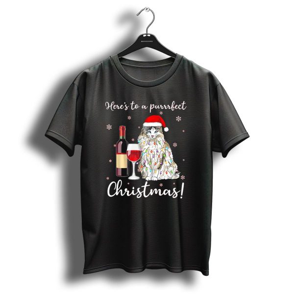 Heres To A Purrrfect Christmas Ragdoll Cat With Wine And Santa Hat T Shirt 1 t shirt 1