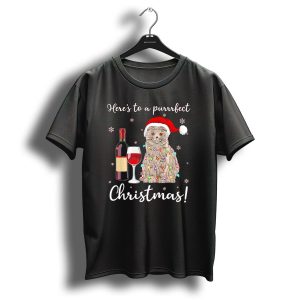 Heres To A Purrrfect Christmas Scottish Fold Santa Cat With Wine And Lights T Shirt