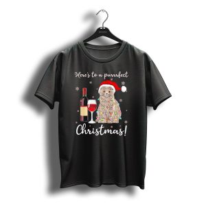 Here'S To A Purrrfect Christmas Scottish Fold Santa Cat With Wine And Lights T-Shirt
