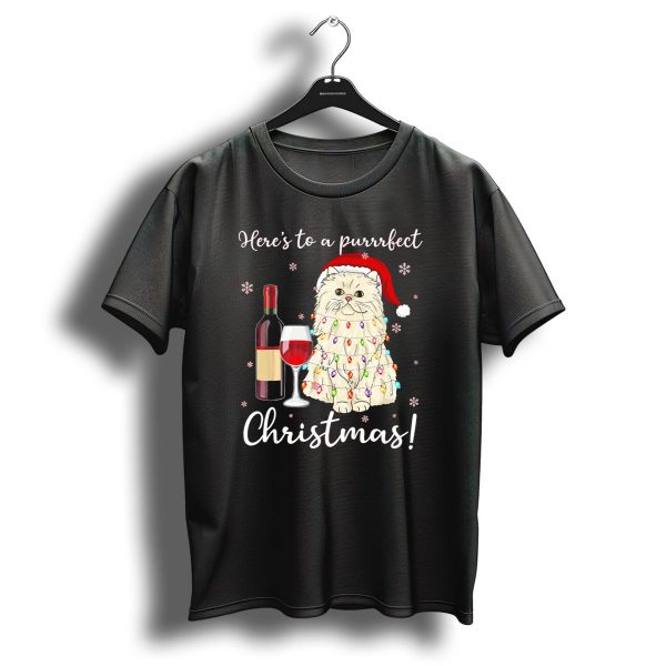 Heres To A Purrrfect Christmas With Wine And Persian Cat In Santa Hat T Shirt 1 t shirt 1