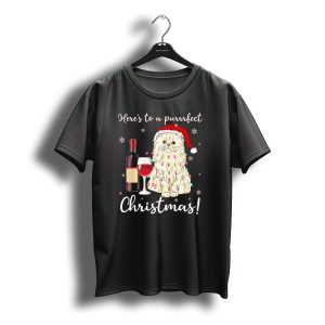 Here'S To A Purrrfect Christmas With Wine And Persian Cat In Santa Hat T-Shirt