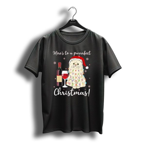 Heres To A Purrrfect Christmas With Wine And Persian Cat In Santa Hat T Shirt t shirt 1