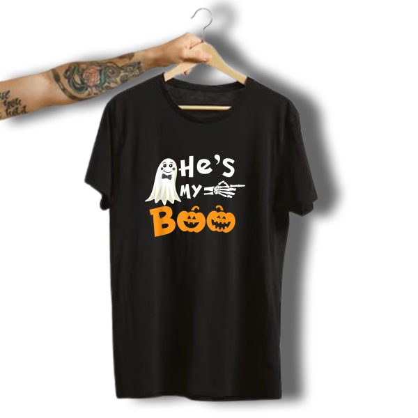 Hes My Boo Ghost Skeleton Hand Pumpkin Halloween T Shirt t shirt 1