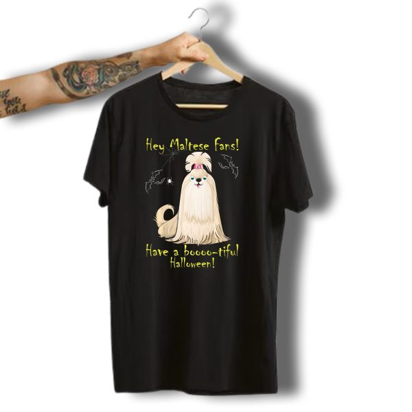 Hey Maltese Fans Have A Boooootiful Halloween With Dog And Spiderweb Bats T Shirt t shirt 1