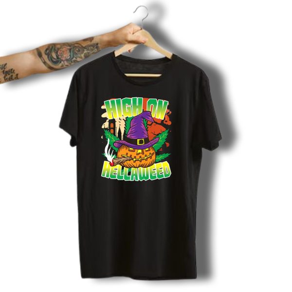 High On Hellaweed Pumpkin Smoking Weed Thc Halloween Stoner T Shirt t shirt 1