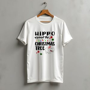 Hippo Around The Christmas Tree With Santa Hat And Christmas Ornaments T-Shirt