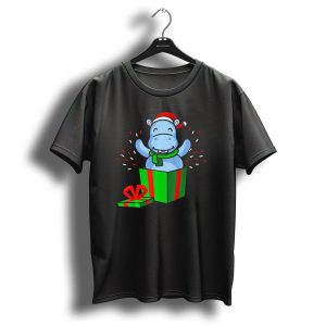 Hippopotamus Christmas Happy Hippo Santa Hat Bursting Out Of Present T Shirt