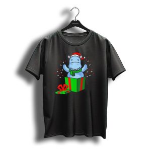 Hippopotamus Christmas Happy Hippo Santa Hat Bursting Out Of Present T-Shirt