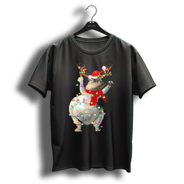 Hippopotamus In Santa Hat With Reindeer Antlers And Christmas Lights T Shirt 1 t shirt 1