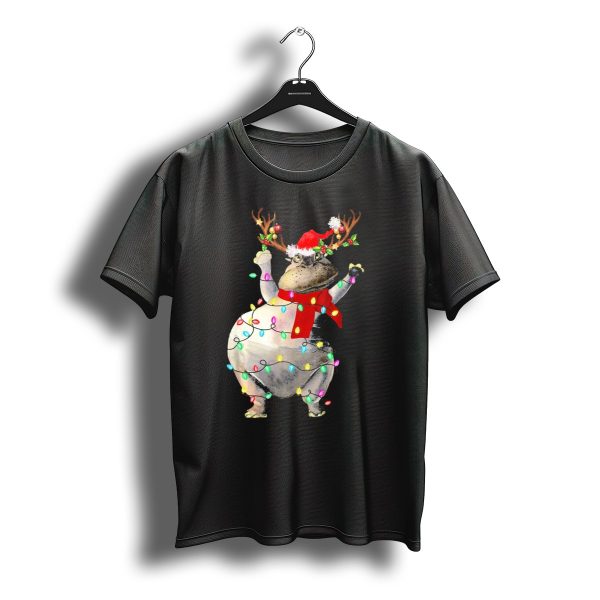Hippopotamus In Santa Hat With Reindeer Antlers And Christmas Lights T Shirt t shirt 1