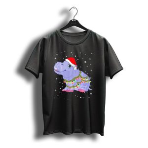 Hippopotamus Light Christmas Santa Hat Holiday Bulbs Snowflakes T-Shirt