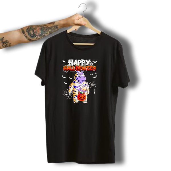Hippopotamus Mummy With Pumpkin Candy Bucket Happy Halloween T Shirt t shirt 1