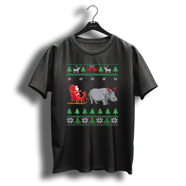 Hippopotamus Pulling Santa Sleigh With Reindeer Antlers Christmas T Shirt 1 t shirt 1