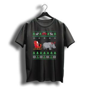 Hippopotamus Pulling Santa Sleigh With Reindeer Antlers Christmas T-Shirt
