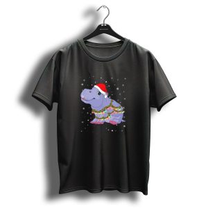 Hippopotamus With Santa Hat And Christmas Lights Surrounded By Snowflakes T Shirt