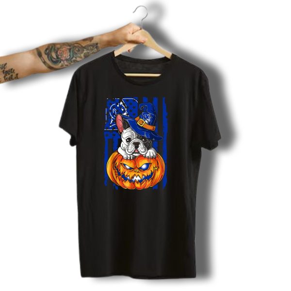 Hlw Bulldog On Duke Blue Devils Themed Halloween Pumpkin With Wizard Hat T Shirt t shirt 1