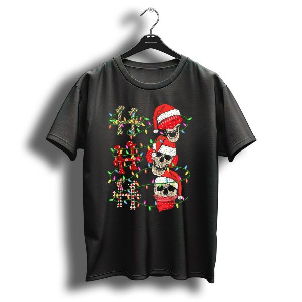 Ho Ho Ho Candy Cane Skulls With Santa Hats And Christmas Lights T Shirt 1 t shirt 1