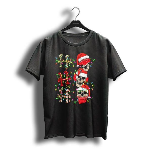 Ho Ho Ho Candy Cane Skulls With Santa Hats And Christmas Lights T Shirt t shirt 1