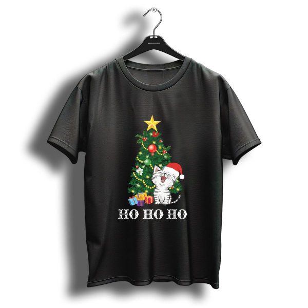 Ho Ho Ho Christmas Cat Kitten With Santa Hat And Tree Decor T Shirt 1 t shirt 1