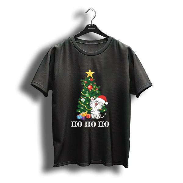 Ho Ho Ho Christmas Cat Kitten With Santa Hat And Tree Decor T Shirt t shirt 1