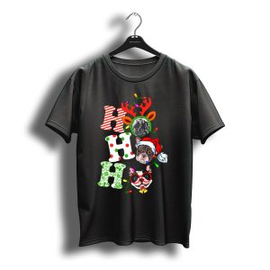 Ho Ho Ho Christmas French Bulldog Santa Laugh With Holiday Lights And Antlers T-Shirt