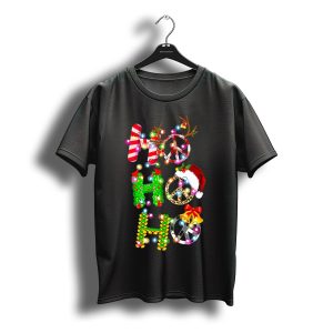 Ho Ho Ho Christmas Light Peace Sign Reindeer Santa Hat T-Shirt