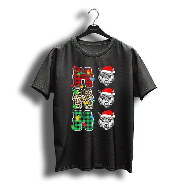 Ho Ho Ho Christmas Lights Plaid Leopard Santa Hat Wolf T Shirt t shirt 1