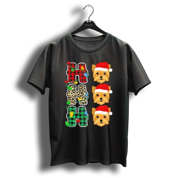 Ho Ho Ho Christmas Lights Santa Hat Yorkie Plaid Leopard T Shirt 1 t shirt 1
