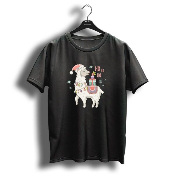Ho Ho Ho Christmas Llama With Santa Hat And Gifts Surrounded By Snowflakes T Shirt 1 t shirt 1