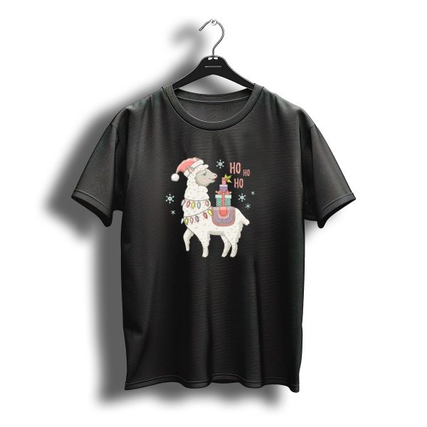 Ho Ho Ho Christmas Llama With Santa Hat And Gifts Surrounded By Snowflakes T Shirt t shirt 1
