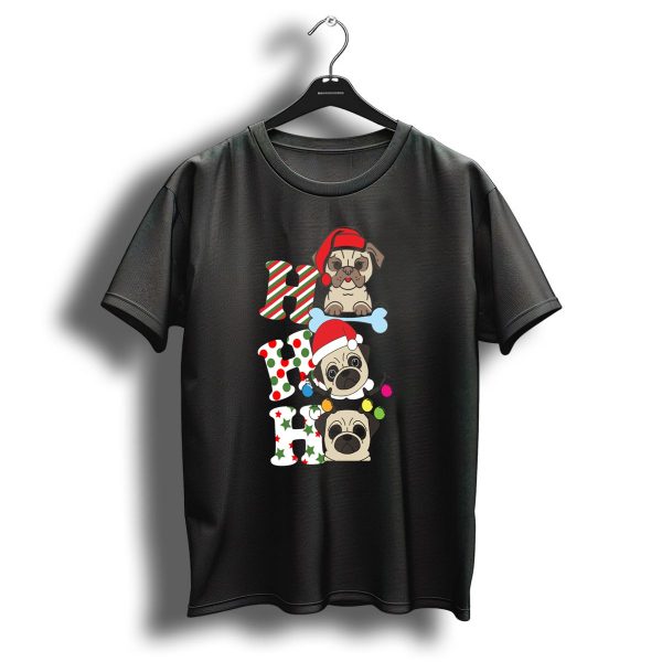 Ho Ho Ho Christmas Pug With Santa Hats And Holiday Lights T Shirt 1 t shirt 1