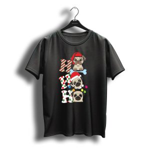 Ho Ho Ho Christmas Pug With Santa Hats And Holiday Lights T-Shirt