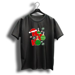 Ho Ho Ho Christmas Santa Hat And Green Ornaments T Shirt 1