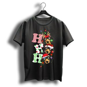 Ho Ho Ho Funny Christmas Dachshund Lovers Reindeer Antlers Santa Hats Holiday Lights T-Shirt