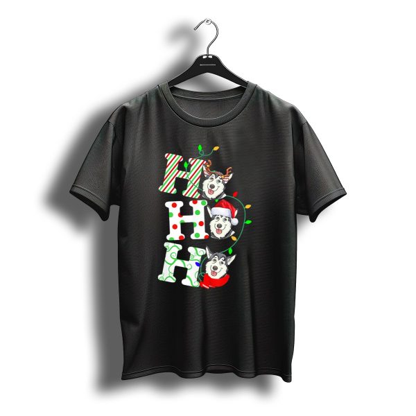Ho Ho Ho Husky Santa Hat Reindeer Antlers Christmas Lights T Shirt t shirt 1