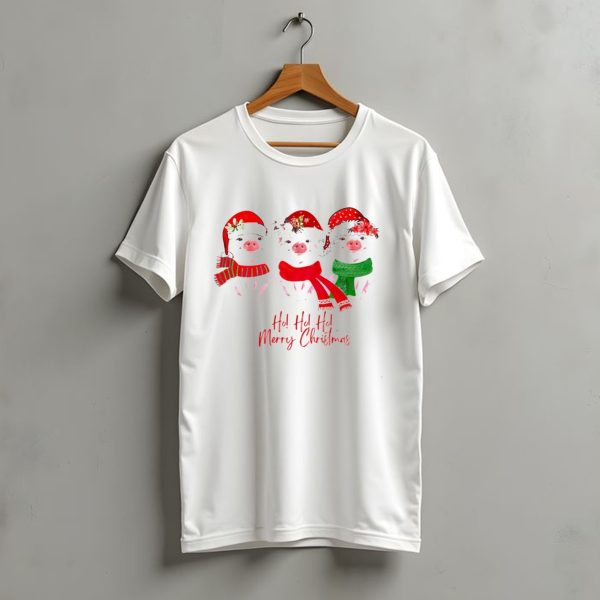 Ho Ho Ho Merry Christmas Pig Trio Santa Hat T Shirt t shirt 1