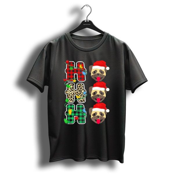 Ho Ho Ho Plaid Leopard Santa Hat Pug Christmas Lights T Shirt 1 t shirt 1